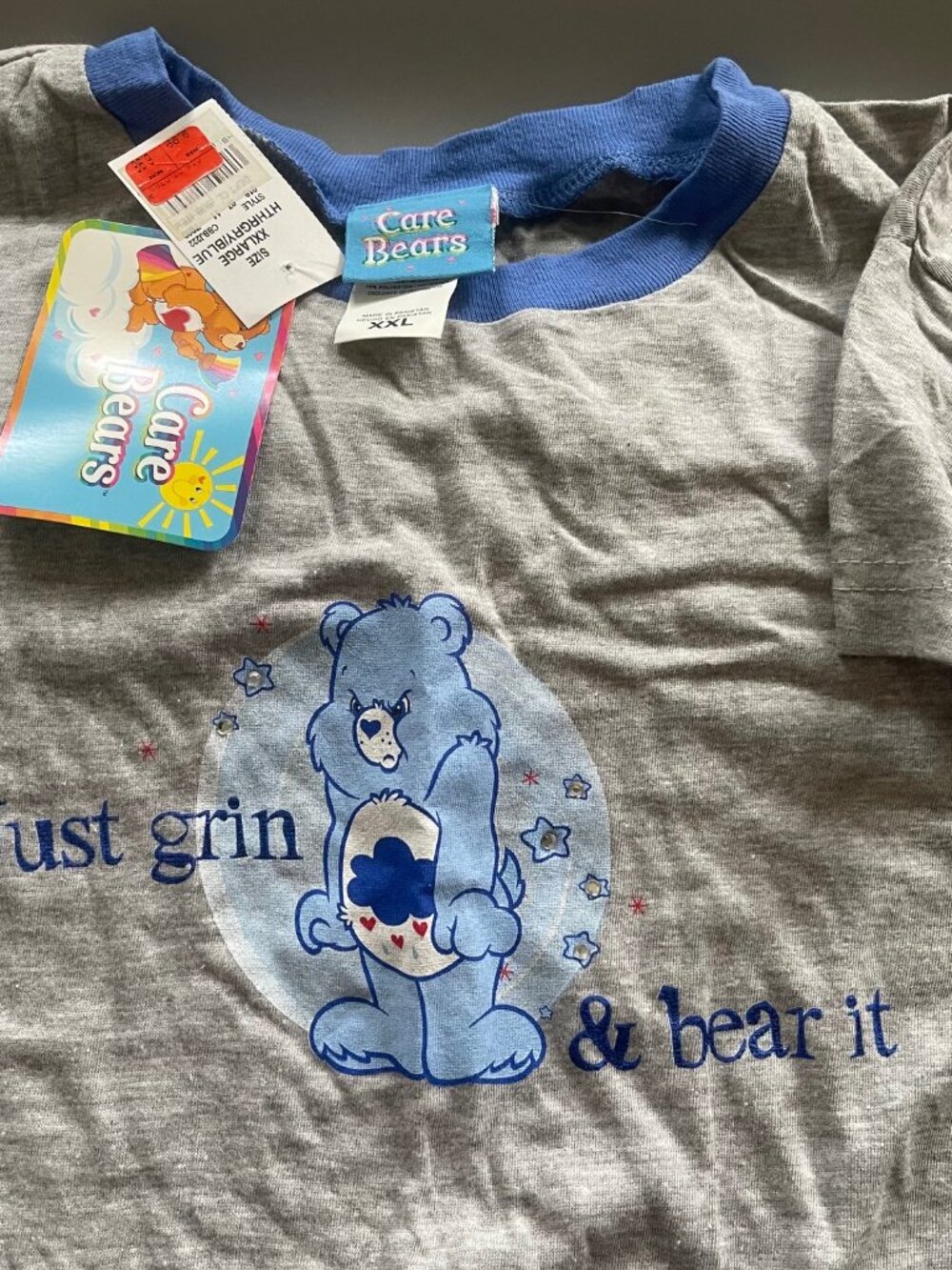 Y2K Care Bears Grumpy “Just Grin & Bear It” Women's XXL Ringer T-Shirt NEW W